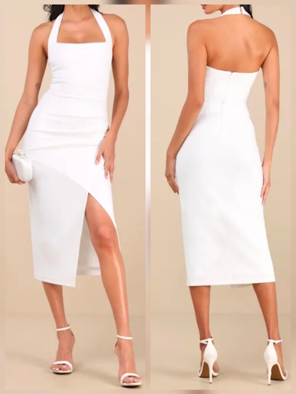 Lulus Prominent Charm White Halter Bodycon Tulip Midi Dress - Size MEDIUM